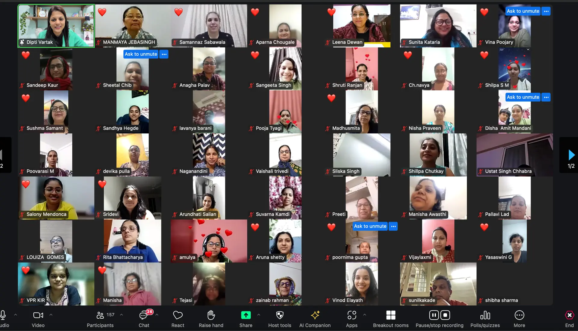 Live MMP session on Zoom with 157 home bakers, hearts on screen