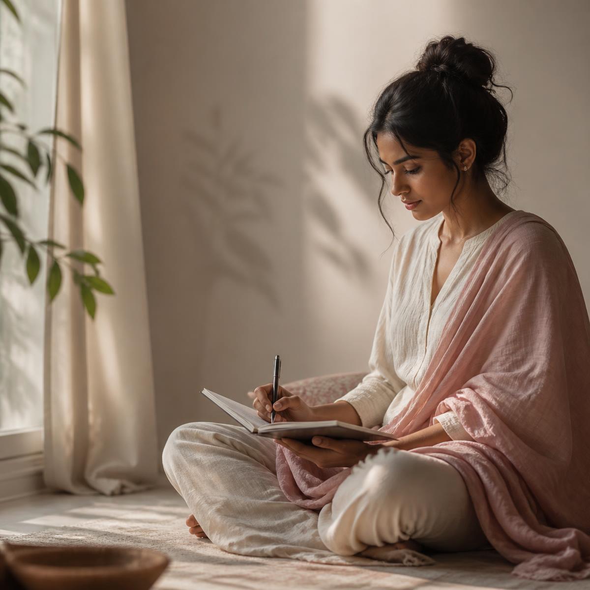 A woman sitting quietly with a notebook and pen in soft daylight
